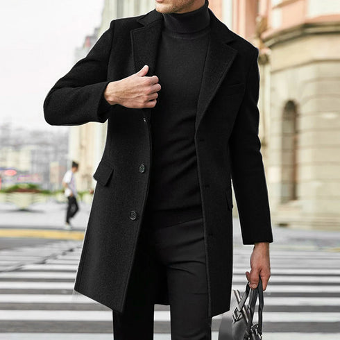 Trendy British Style Men's Long Sleeve Woolen Coat for Casual Autumn and Winter Wear
