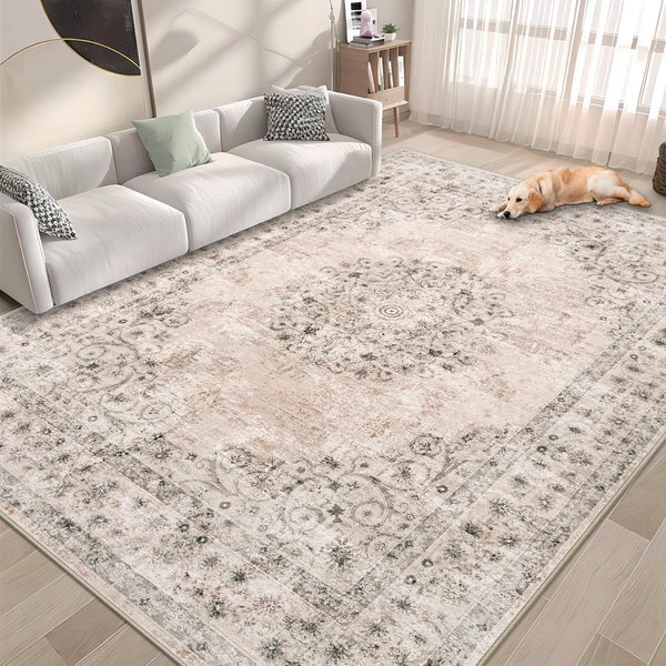 Vintage Washable Indoor Medallion Rug Low Pile Distressed Floor Carpet Retro Accent Rug for Living Room Bedroom Kitchen
