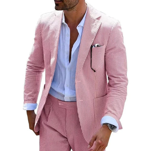Summer Stripe Men Suit 2 Piece Seersucker Notched Lapel Jacket Pants Casual Blazer Slim Fit