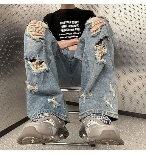 High Street Ripped Jeans Men's Clothing Wide Leg Trousers