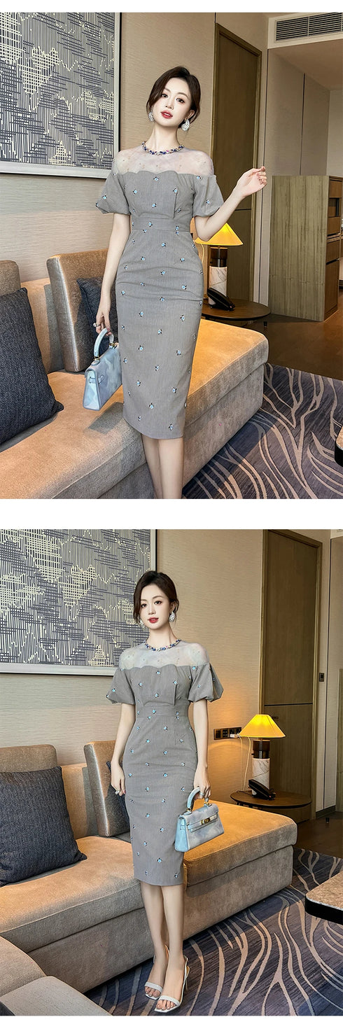 Work Style Striped Floral Formal Occasion Dress Women Clothes