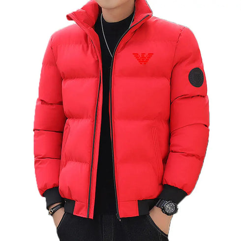 Versatile Winter Down Jacket for Men - Casual Solid Color Thick Warm Outerwear with Printed Design and Appliques