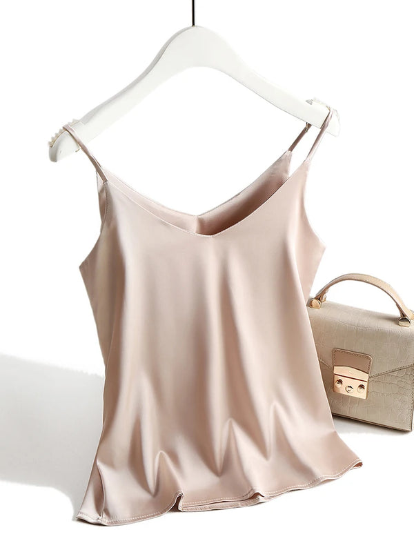 Spaghetti Strap Satin Silk Tank Top Women Sleeveless Halter V Neck Camisole Summer Casual Cami