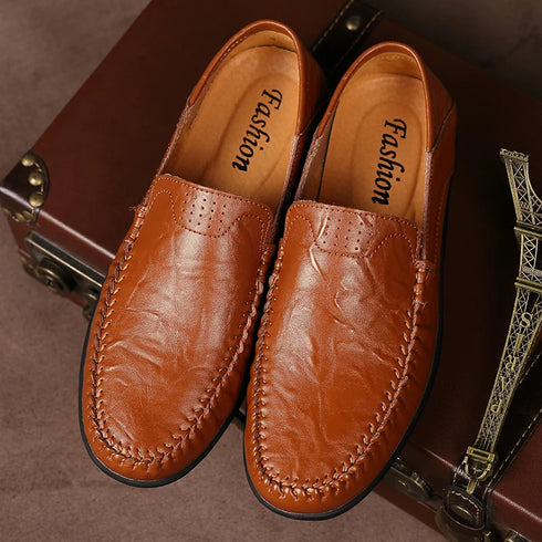 Luxury Genuine Leather Men's Casual Slip-On Loafers, Italian Moccasins, Breathable and Comfortable Boat Shoes in Plus Sizes 46 and 47