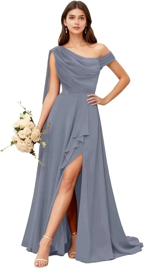 Bridesmaid Dress One Shoulder Chiffon With Pleated Ruffles A-Line Floor-Length Slit Bridal Dress