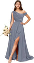 Bridesmaid Dress One Shoulder Chiffon With Pleated Ruffles A-Line Floor-Length Slit Bridal Dress