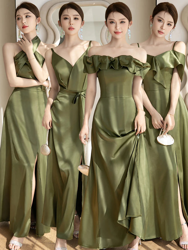 Backless Satin Sleeveless Ankle-Length Evening Dress for Bridesmaid Dress with Built-In Bra and Bow