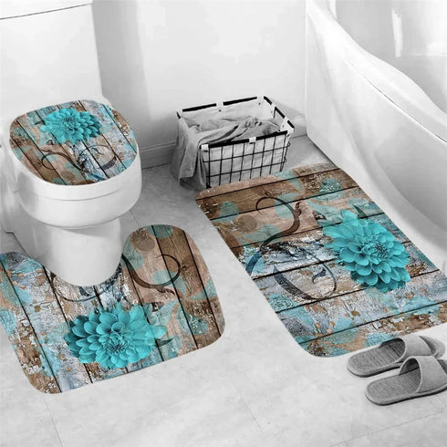 4 Piece Doormat Shower Curtain Set with Non-Slip Rugs Toilet Seat Cover and Bath Carpet for Bathroom Decor