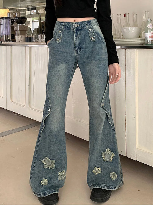 Fashion Blue Denim Pants Women Embroidery Star High Waist Slim Bell Bottoms Streetwear Vintage Kpop