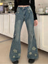 Fashion Blue Denim Pants Women Embroidery Star High Waist Slim Bell Bottoms Streetwear Vintage Kpop