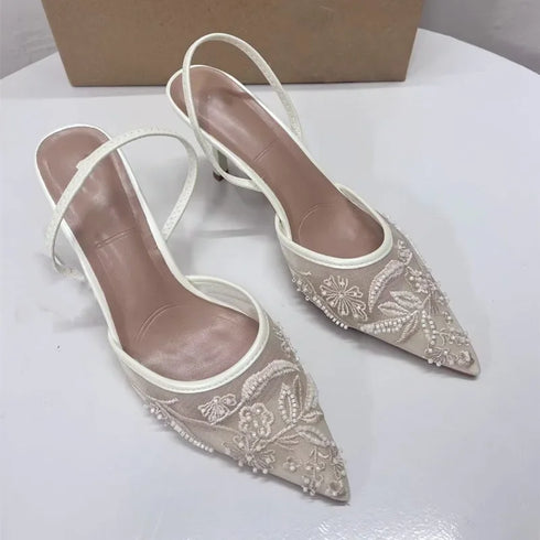 Sexy Mesh Pointed Stiletto Mules Women Heels Elegant