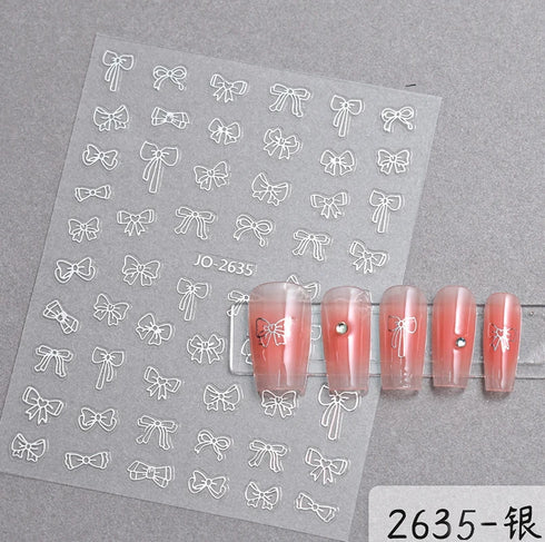 5D Embossed Nail Art Stickers - Semi-Transparent White Bowknots Adhesive Sliders for Creative Manicure Decorations and Nail Art Accessories