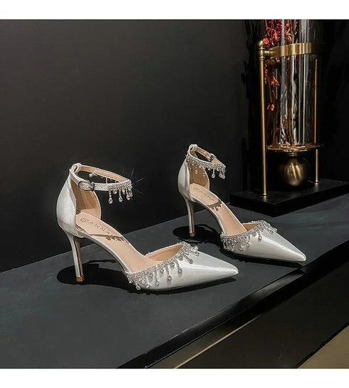 Comemore White Wedding Bridesmaid Satin Pumps with Rhinestones