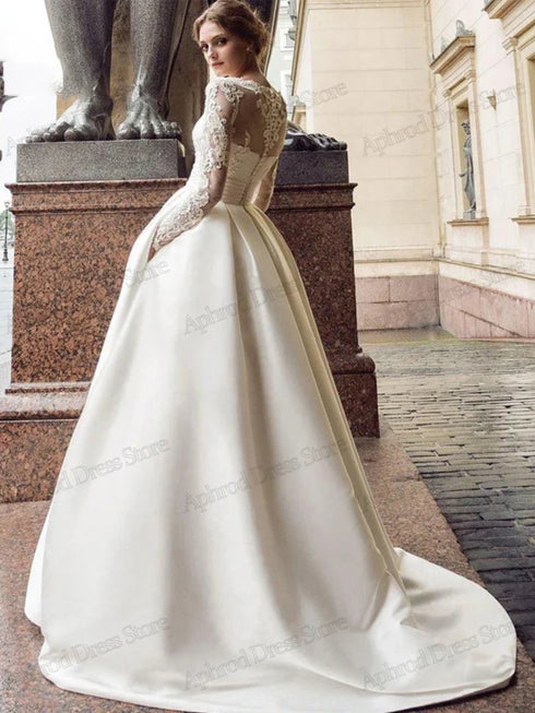 Elegant Satin Wedding Dress With Vintage Lace Appliques Back Lace Up Floor Length