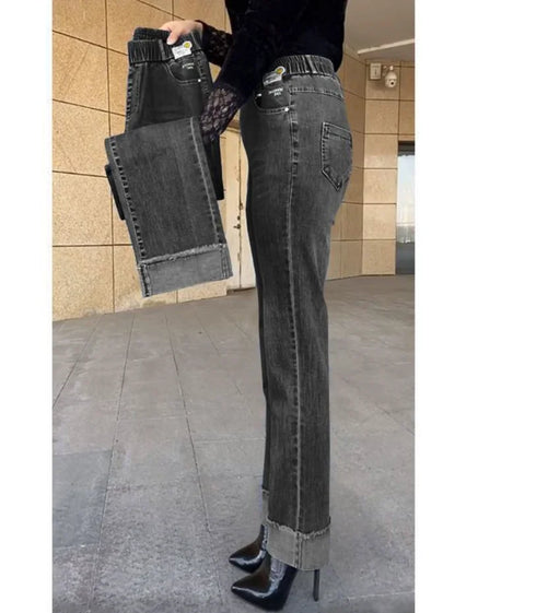 Elastic Waist Jeans For Women High Waist Wide Leg Denim Pants Loose Fit Casual Trousers