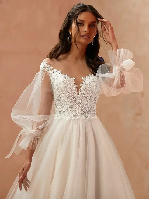 Tulle Wedding Dress With Long Puff Sleeves And Sheer O-Neck Appliques Floor-Length A-Line Bridal Gown