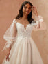 Tulle Wedding Dress With Long Puff Sleeves And Sheer O-Neck Appliques Floor-Length A-Line Bridal Gown