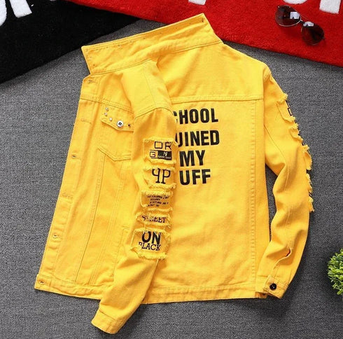 Men's Slim Fit Ripped Denim Jacket with Print for Hip Hop Style - Trendy Outerwear for Dance and Casual Wear