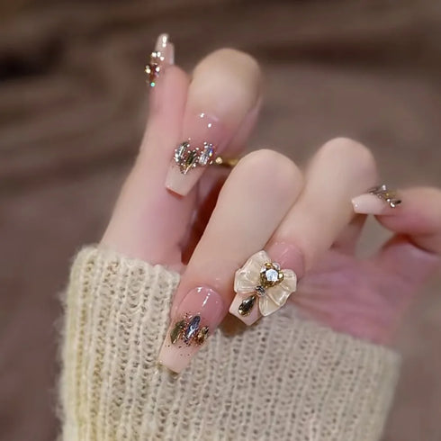 24Pcs Long Acrylic Ballet Fake Nails with Rhinestone Chain Design - Full Cover Press-On Nail Tips for Stylish Nail Art Enthusiasts