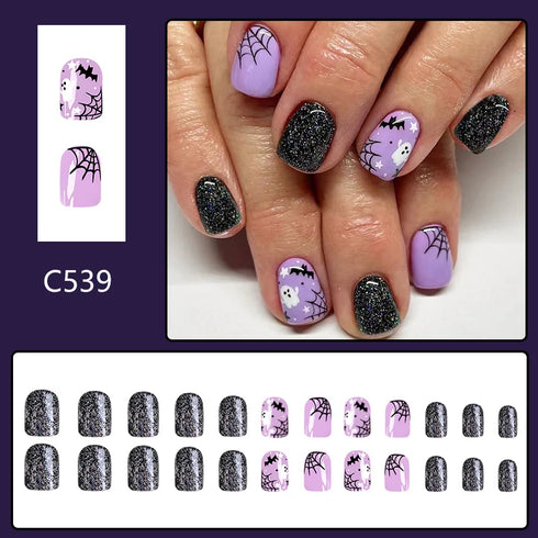 24pcs Halloween-Themed Short Square Press-On Nails with Fun Ghost, Bat, and Spider Web Designs - Perfect Fake Nail Set for Women and Girls