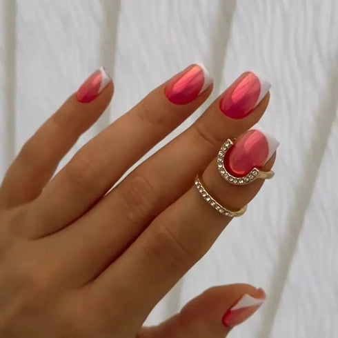 24pcs Glittering French Square Acrylic False Nails with Wavy Design - Full Cover Detachable Nail Tips for Stunning Nail Art