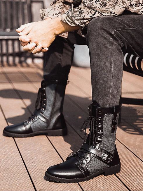 Punk-Inspired Mid-Calf Motorcycle Boots for Men - All-Match Denim Tooling Footwear