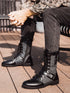 Punk-Inspired Mid-Calf Motorcycle Boots for Men - All-Match Denim Tooling Footwear