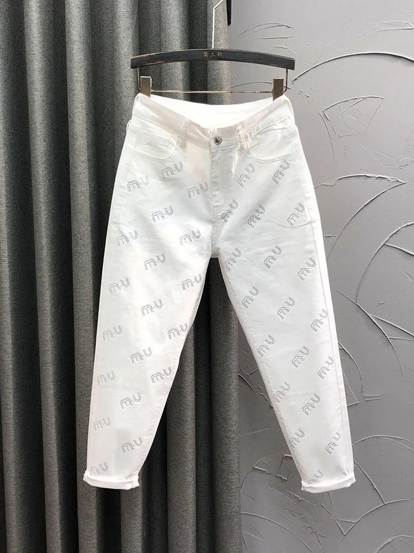 Fashion Pink Cropped Jeans Women Thin Stretch High Waist Pants