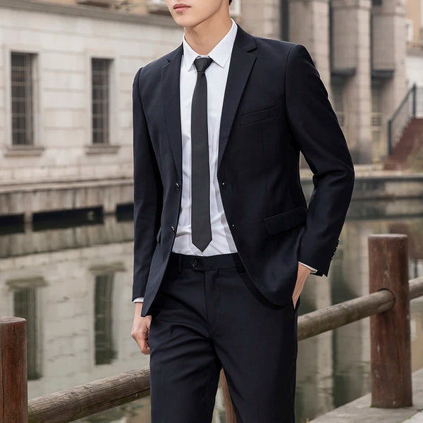 Stylish Men's Business Suit Set - Elegant Two-Piece Casual Attire for Weddings and Special Occasions, Featuring a Smart Casual Design with Solid Color Trousers and Jacket