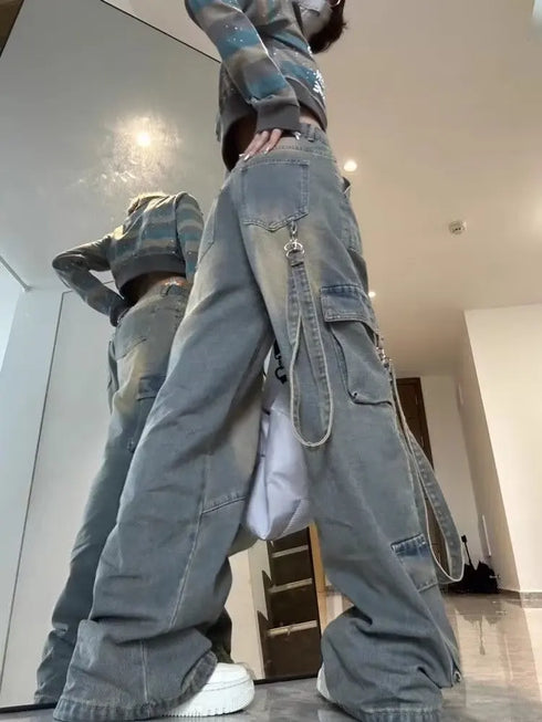 Female Jean Spliced Pockets Cargo Pants Distressed Denim Basics