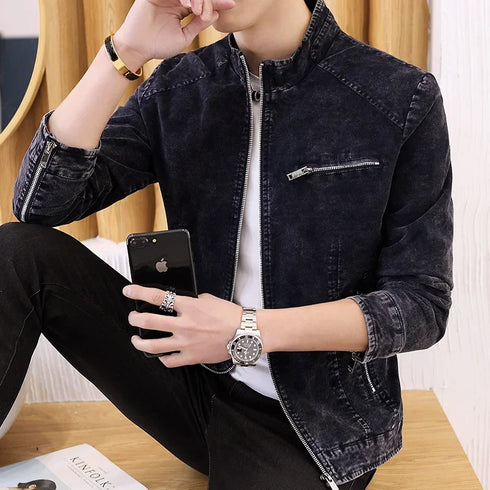 Men's Retro Motorcycle Denim Jacket with Stand Collar, Long Sleeve Zippered Casual Outerwear for Spring and Autumn Fashion