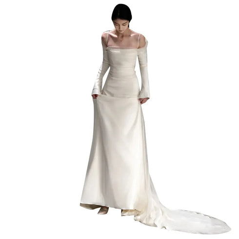 Long Sleeved Light Wedding Dress Elegant Off The Shoulder Mermaid Gown