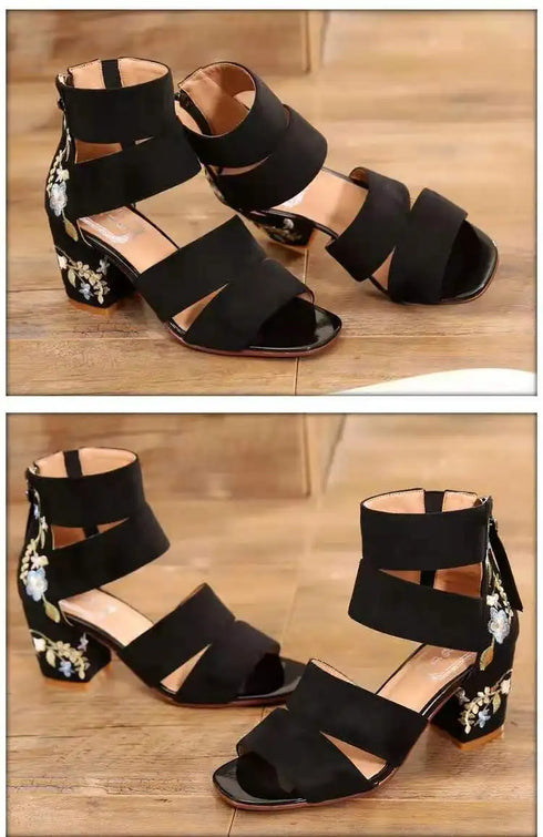 Embroidered Vintage Mid Heel Summer Sandals For Women