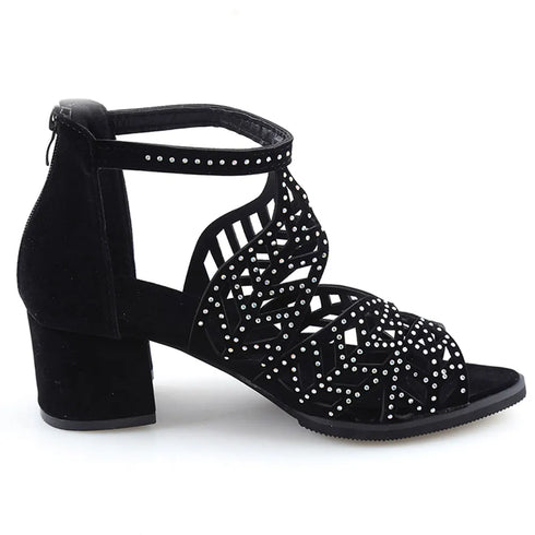 Rhinestone Faux Leather Hollow Out Thick Heel Sandals