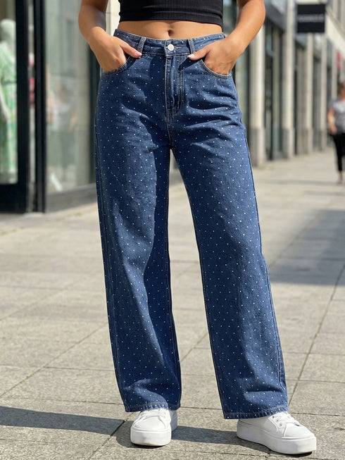 Baggy Dot Print Jeans For Women, Casual Wide Leg Denim Pants With Pockets, Low Rise Comfort Fit
