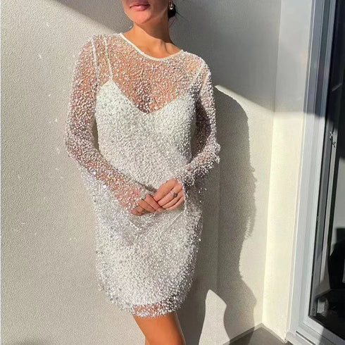 Independent Station Women's Clothing Beaded Mesh Net Yarn Two-Piece Set Dress