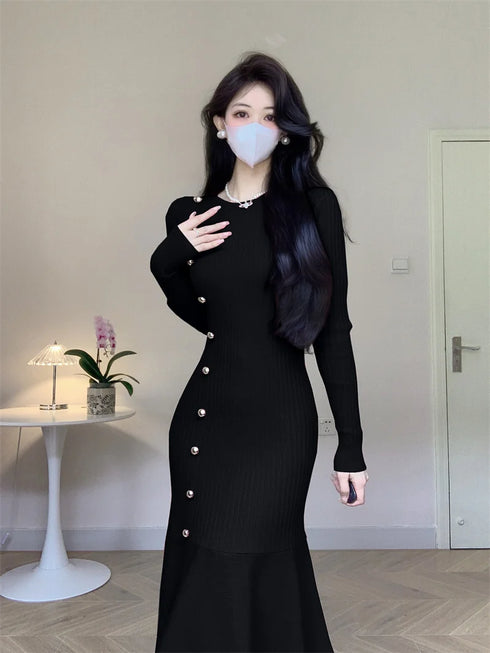 Korean Chic French Knitted Dress Women Long Sleeve Fishtail Bodycon
