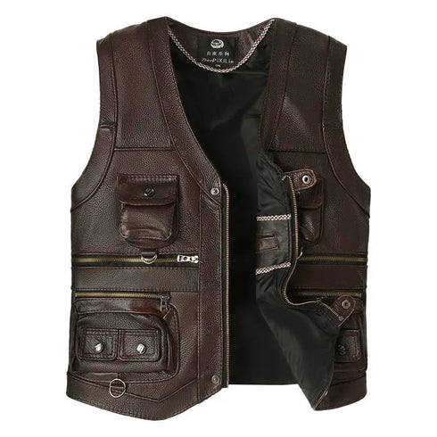 Men's Genuine Cowhide Leather Vest - Slim Fit Multi Pocket Zipper Waistcoat for Spring and Autumn Casual Wear