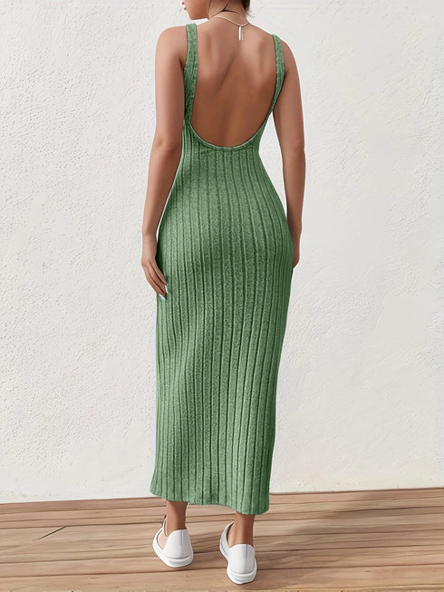 Solid Backless Tank Dress for Women - Summer Sleeveless Knitted Midi Dress