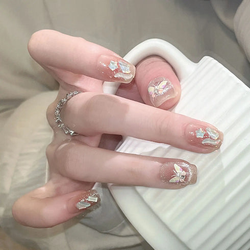 24Pcs Long Acrylic Ballet Fake Nails with Rhinestone Chain Design - Full Cover Press-On Nail Tips for Stylish Nail Art Enthusiasts