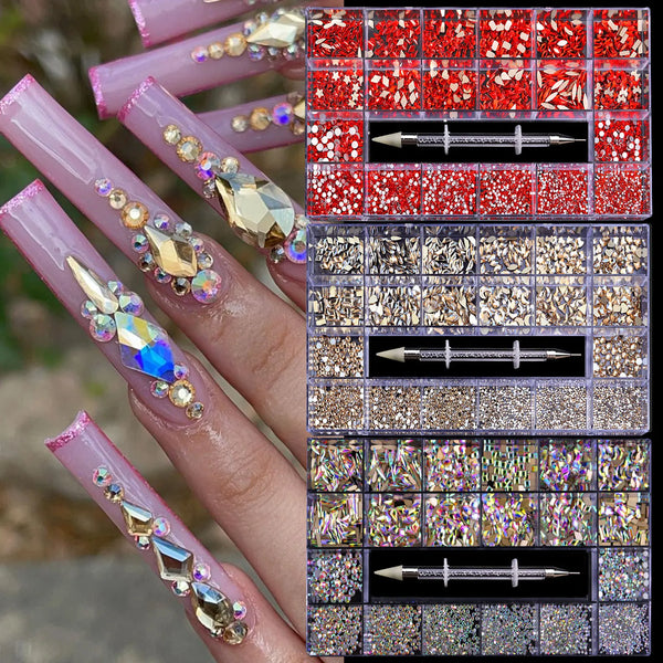 Gorgeous Crystal Rhinestone Nail Art Decoration Set with 21 Grid Box and Pickup Pen for Stunning Manicure Designs