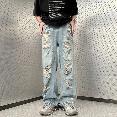 High Street Ripped Jeans Men's Clothing Wide Leg Trousers