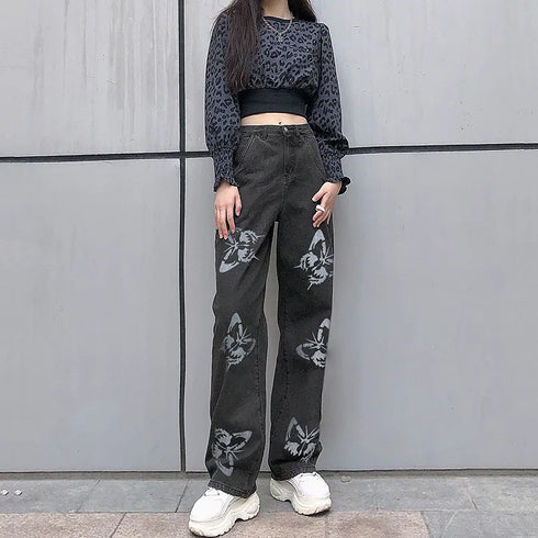 Fall Trousers High Waist Butterfly Print Y2K Jeans Casual Fashion Loose Denim Pants