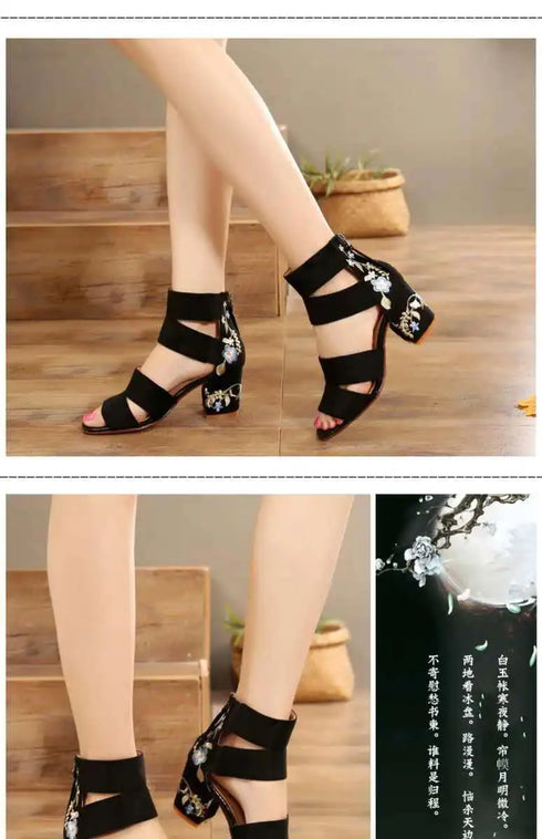 Embroidered Vintage Mid Heel Summer Sandals For Women