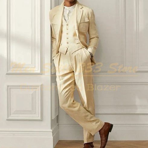 Elegant Linen Men's Suit 3 Piece Jacket Pants Vest Slim Fit Blazer