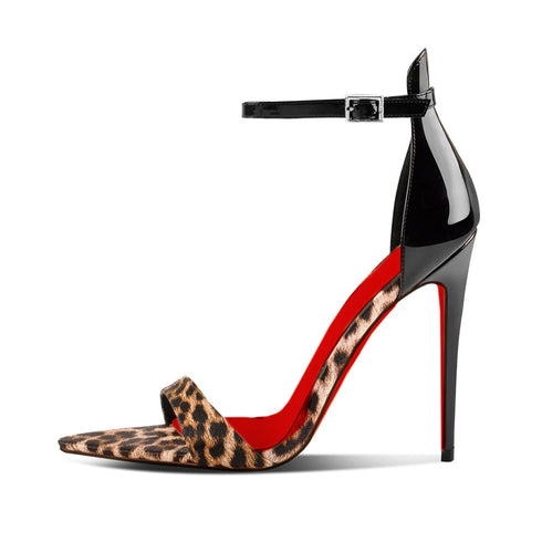 Leopard Print Pointed Toe Ankle Strap Thin Heel Sandals