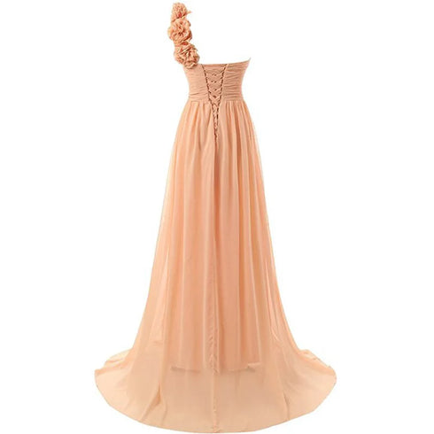 Chiffon Off-Shoulder A-Line Dress With Floral Pleats Floor-Length Corset Back Bridesmaid Dress