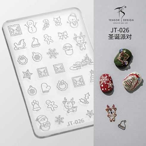 3D Relief Snowflake Sweater Carving Mold for Nail Art - Santa Claus and Elk Christmas Manicure DIY Template with Storage Box and Scraper