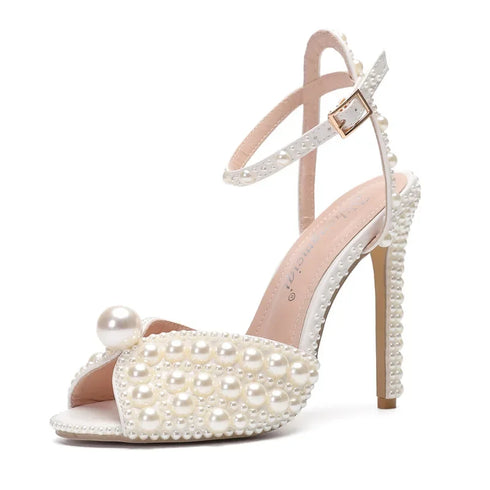 Elegant Women’s Gladiator Sandals with Luxury Pearls and Studs – Chic Peep Toe High Heels for Weddings and Special Occasions