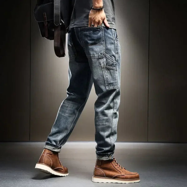 Male Cowboy Pants Retro Washed Straight Jeans for Men Trousers